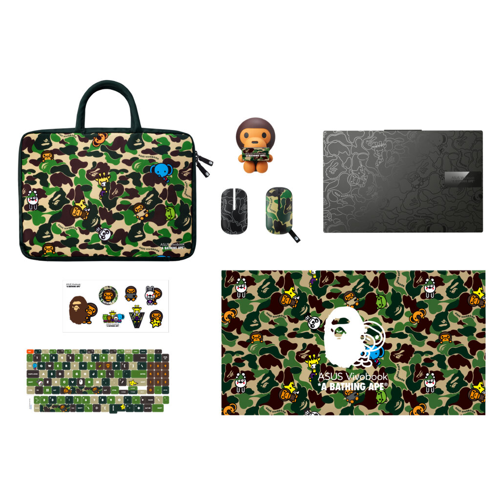 Vivobook S 15 OLED BAPE Edition Green Camo Bundle with Black Laptop overlooking view of black laptops and green camo bundle