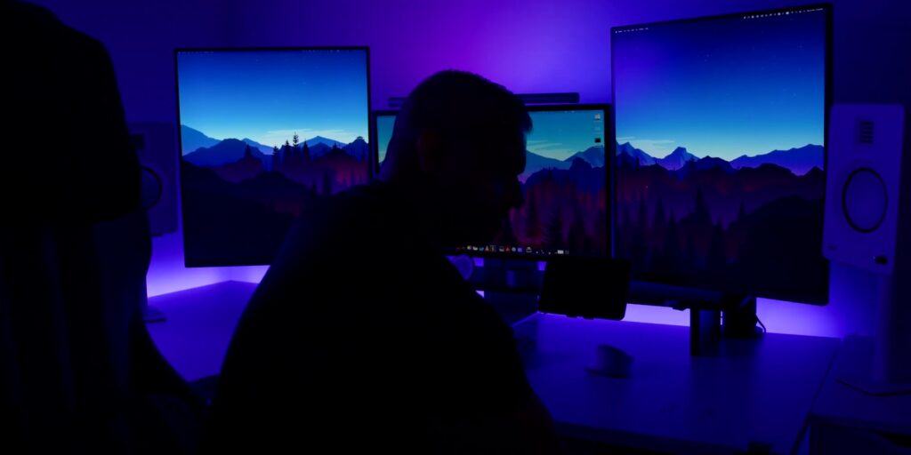 2024 Ultimate Triple-Monitor Productivity, Double Workstation Desk Setup 🖥️ 51 7.4 light strip