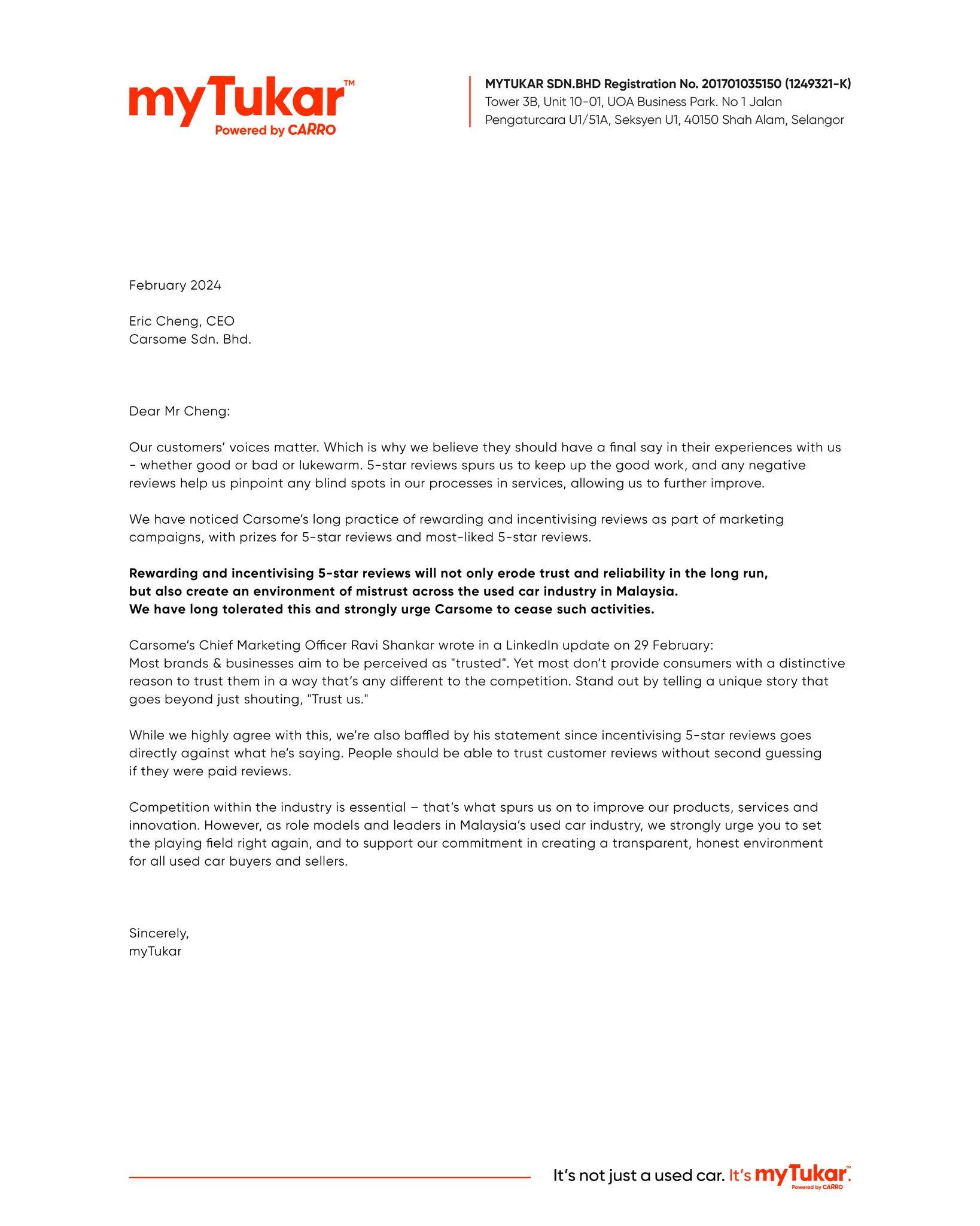 MyTukar Calls Out Carsome's Review Incentive Programme In An Open Letter 1 MyTukar Open Letter