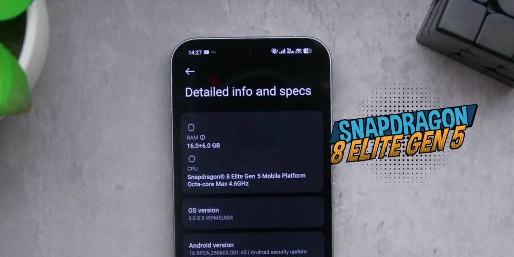 Graphic or system screen showing the Snapdragon 8 Elite Gen 5 processor inside the device.