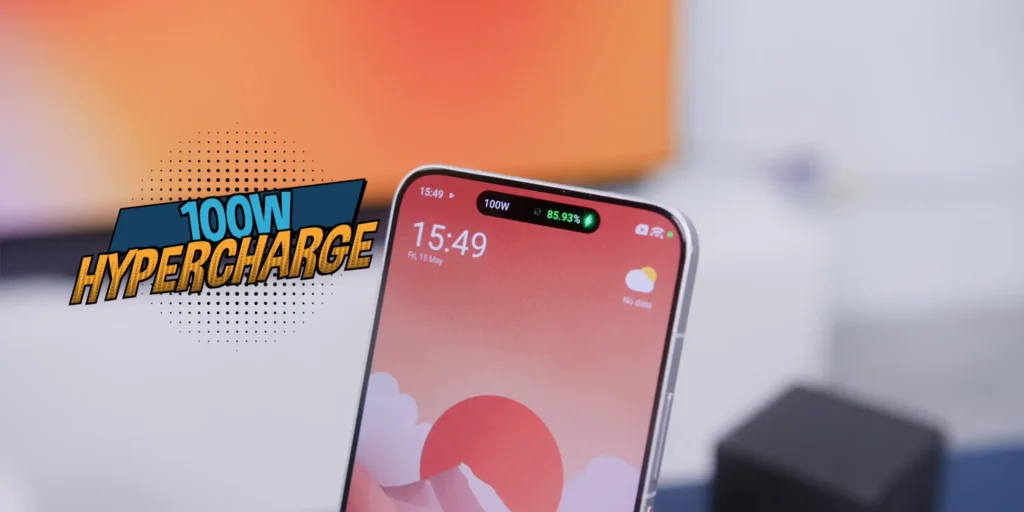 The Poco X8 Pro Max plugged into its charger, showcasing the 100W HyperCharge fast charging screen animation.