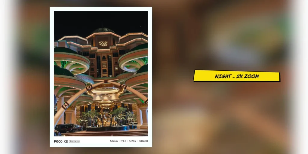 Nighttime camera sample photo captured with the Poco X8 Pro Max rear camera.