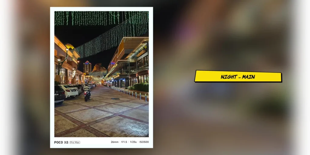 Nighttime camera sample photo captured with the Poco X8 Pro Max rear camera.