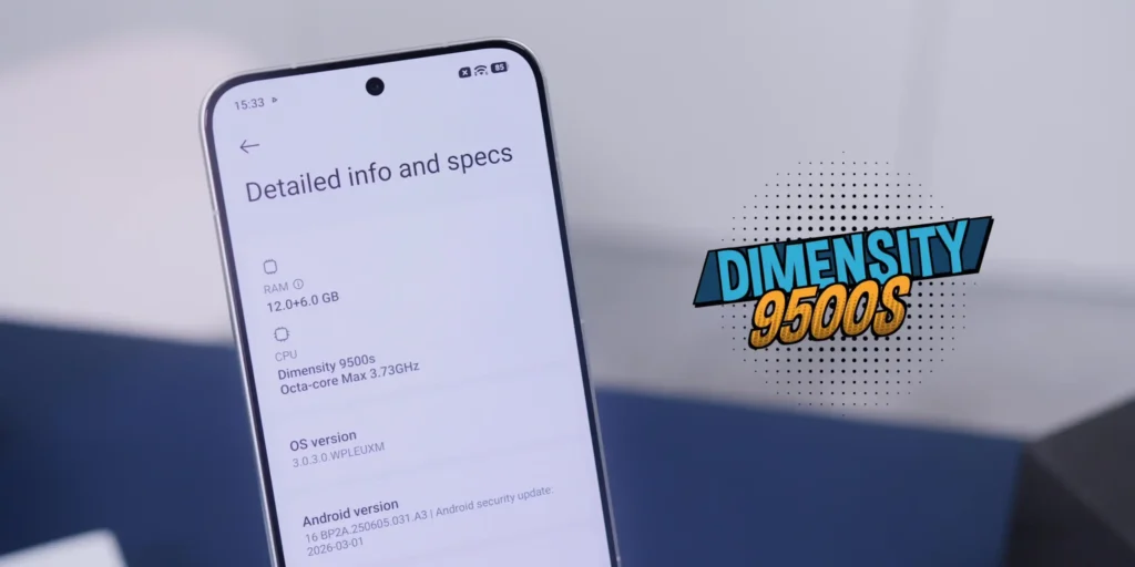Graphic or spec sheet highlighting the MediaTek Dimensity 9500S processor inside the Poco X8 Pro Max.