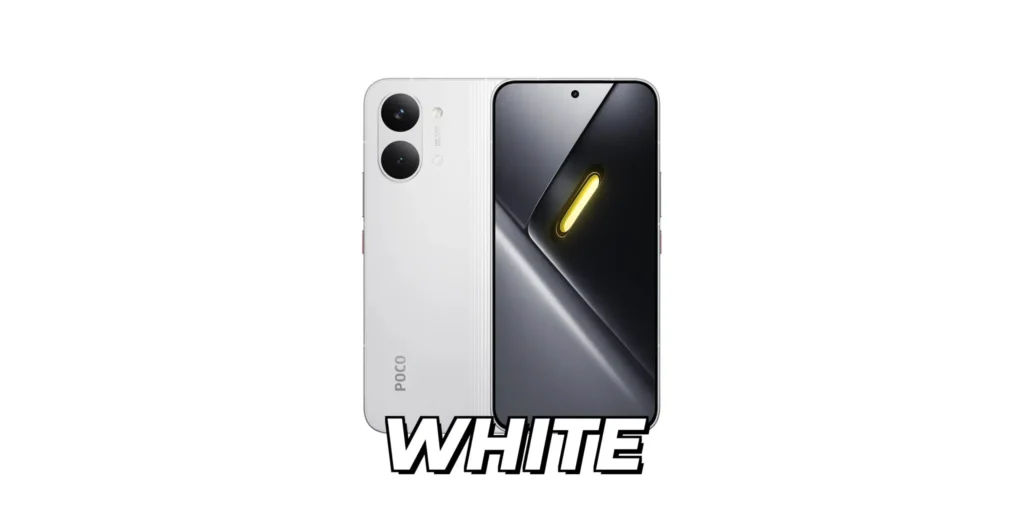 Rear view of the Poco X8 Pro Max smartphone in the white color variant.