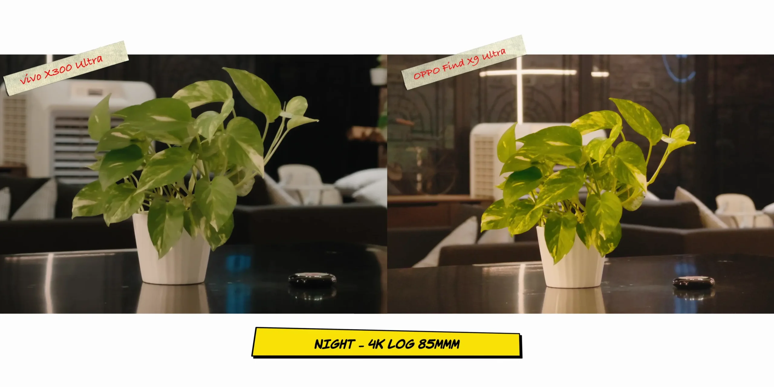 Night video comparison screenshot shot in flat Log profiles, evaluating low-light shadow data retention.