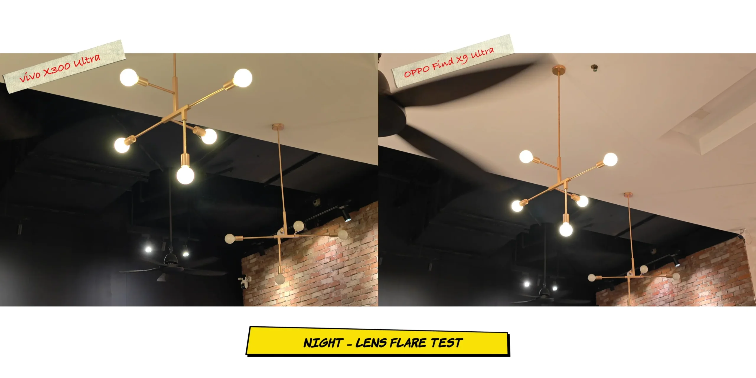 Night video screenshot comparing lens ghosting and anti-reflective coating performance on Vivo and Oppo lenses.