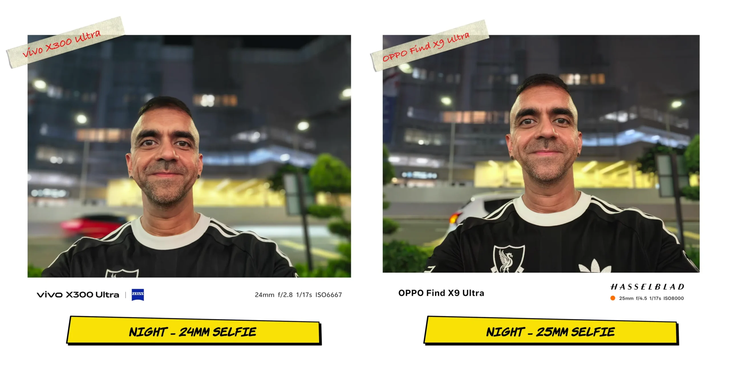 Low-light front camera selfie sample 3 highlighting background city light bokeh spheres.