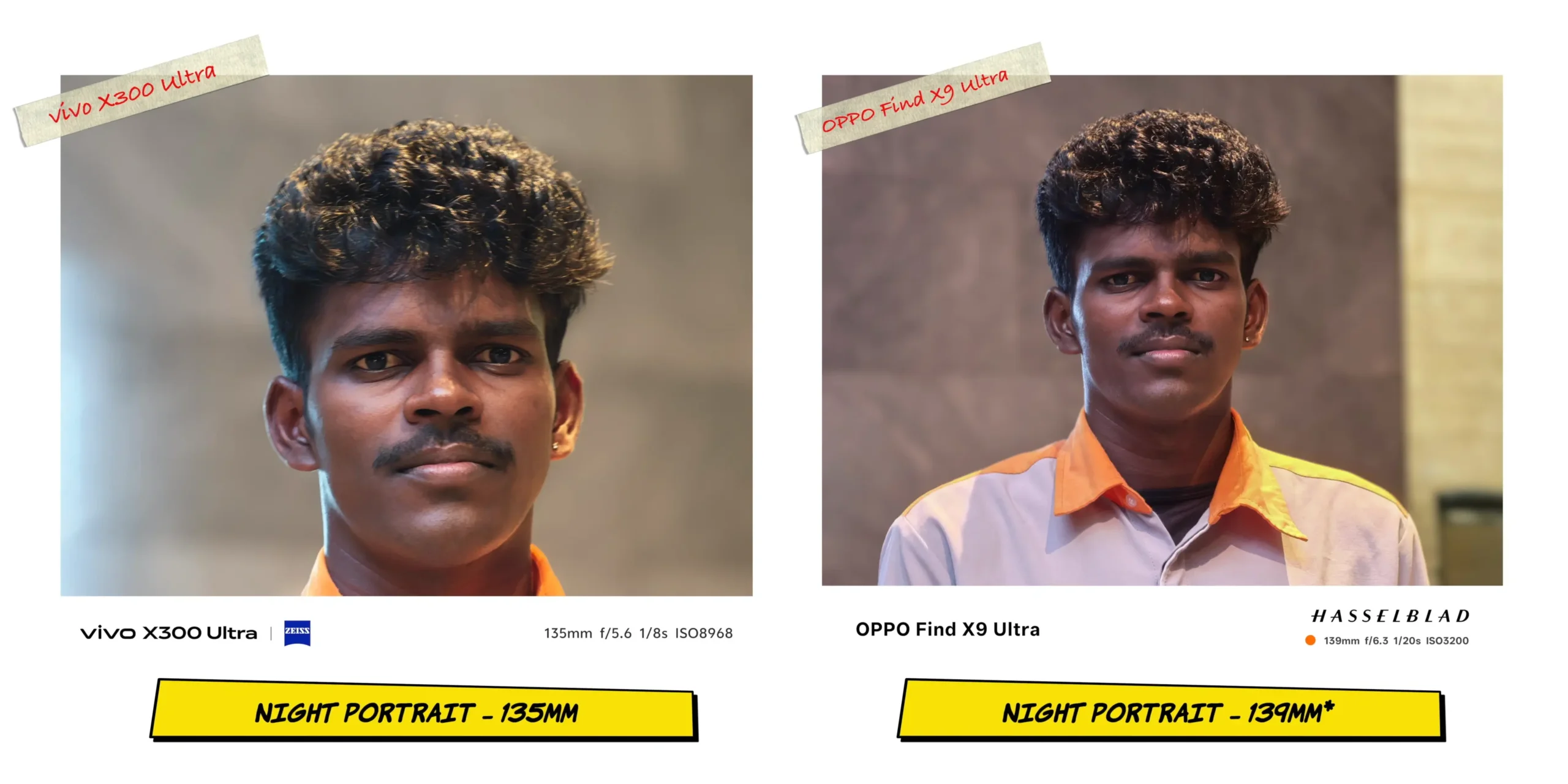 Night portrait mode sample 2 comparing face illumination and noise levels on skin tones.