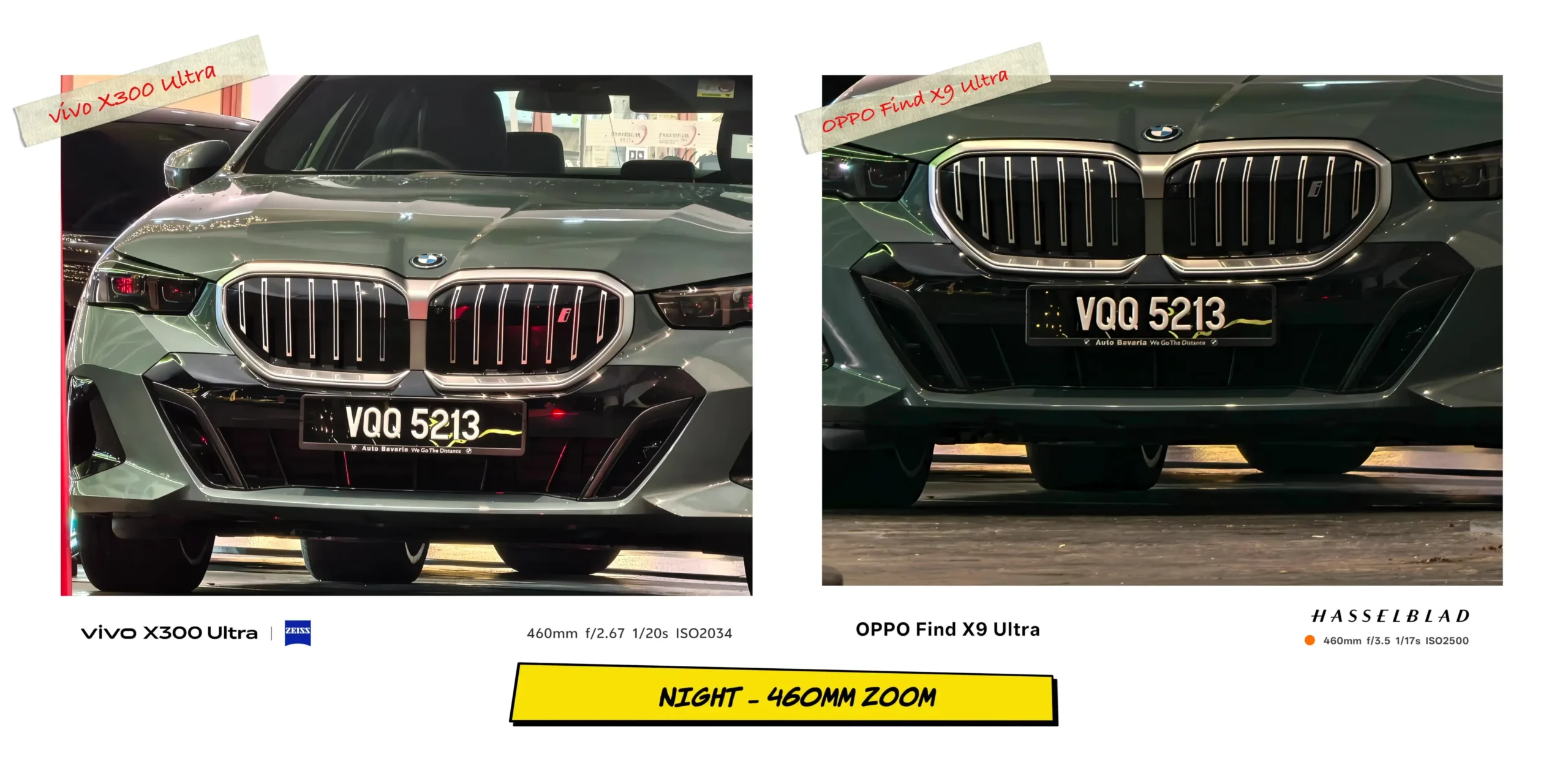 Night telephoto zoom comparison at 460mm evaluating periscope stability and sensor noise.