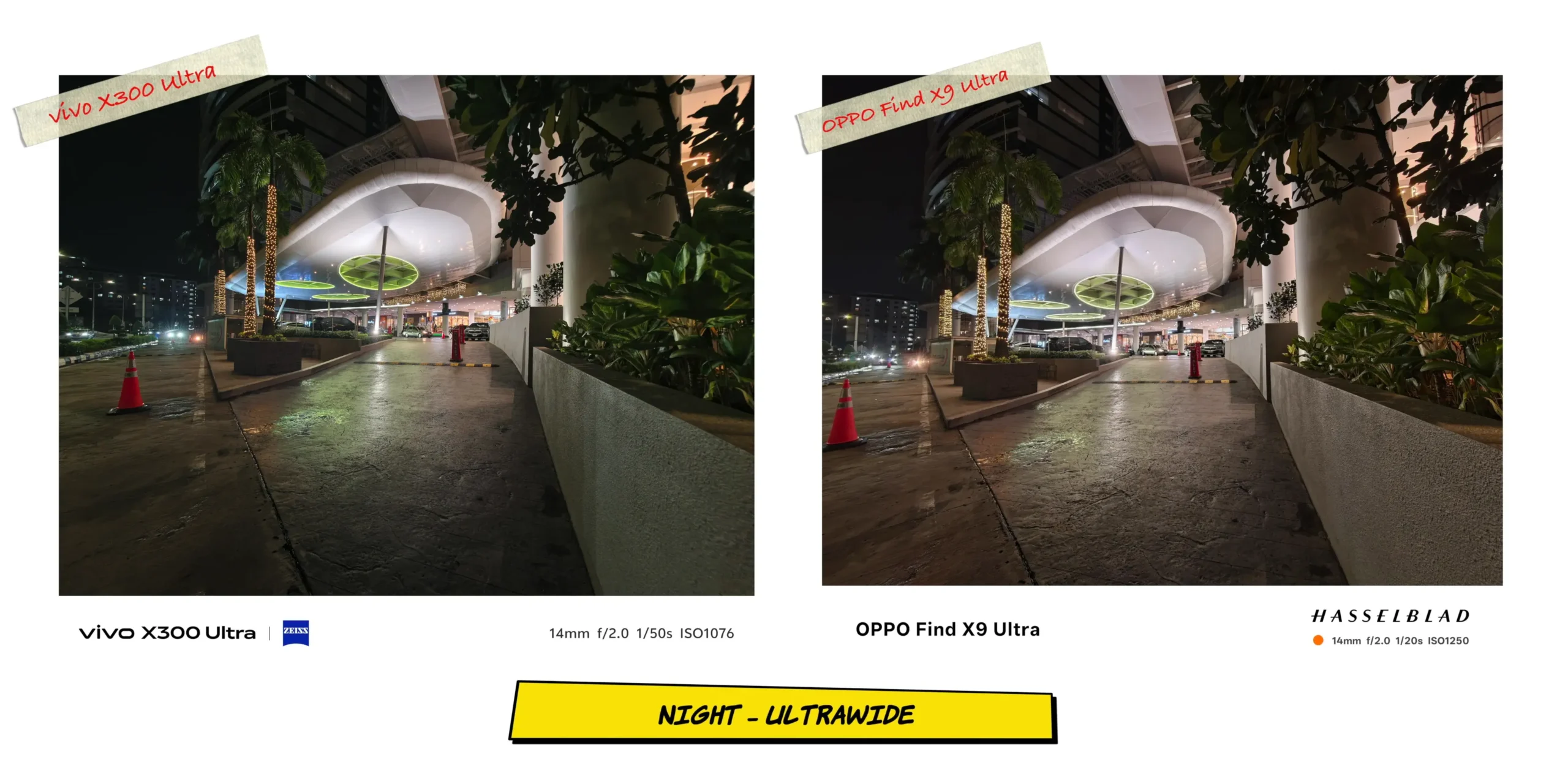 Low-light ultrawide photo sample 1 testing night mode noise reduction and street light blooming.