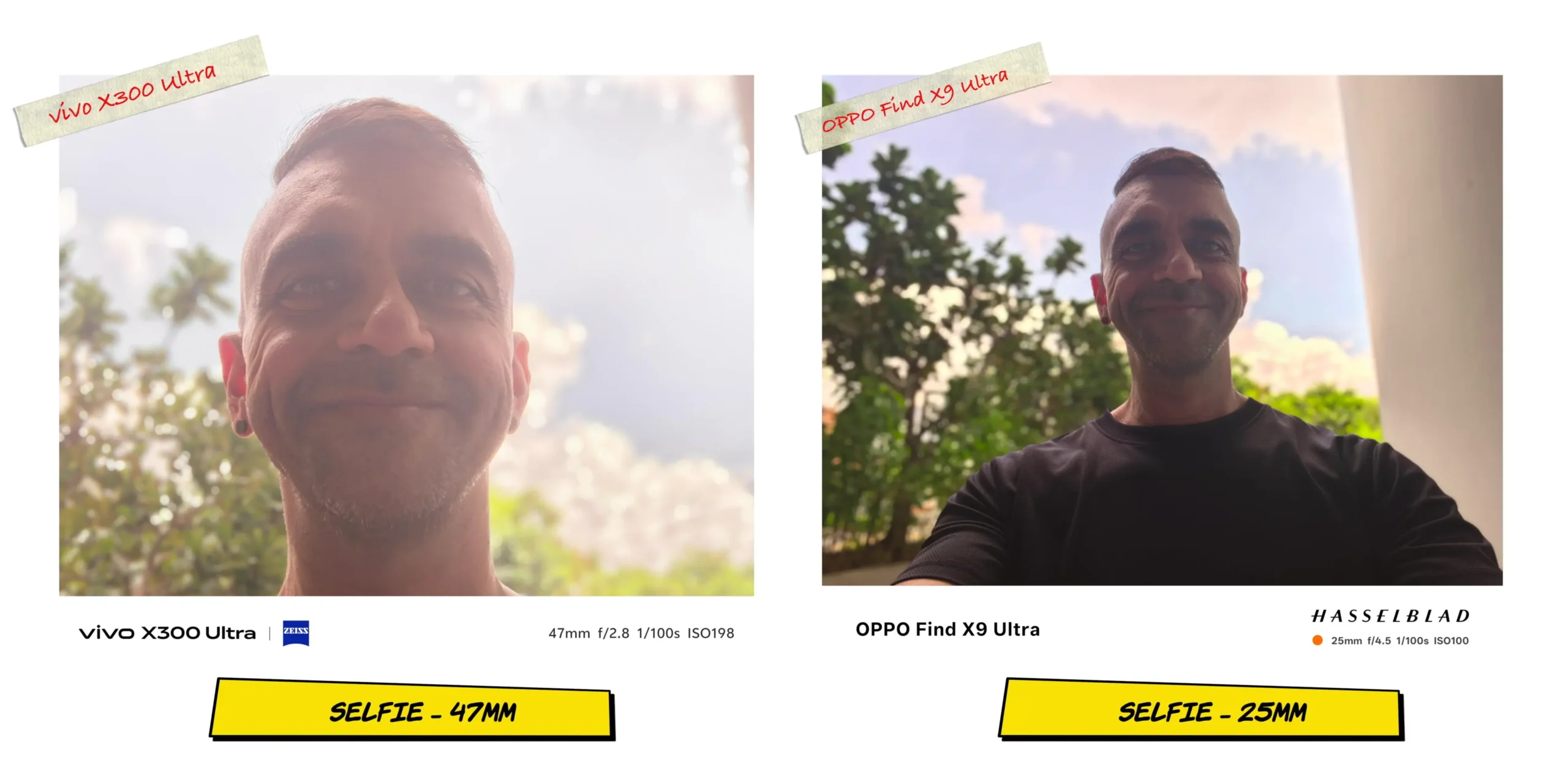 Backlit selfie comparison sample 1 testing HDR processing against a bright background sky.
