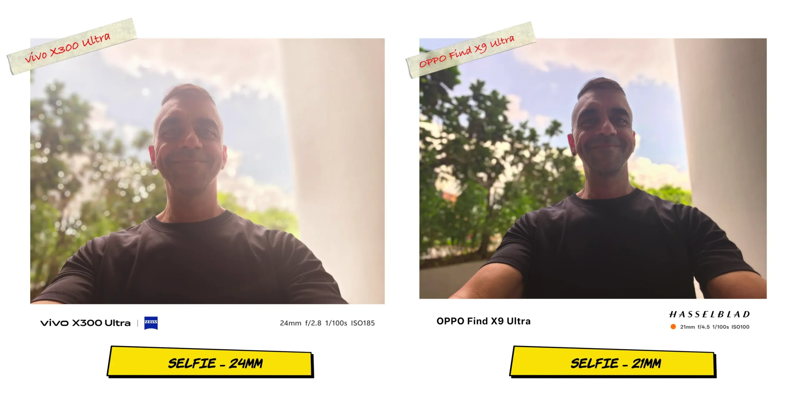 Backlit selfie comparison sample 1 testing HDR processing against a bright background sky.