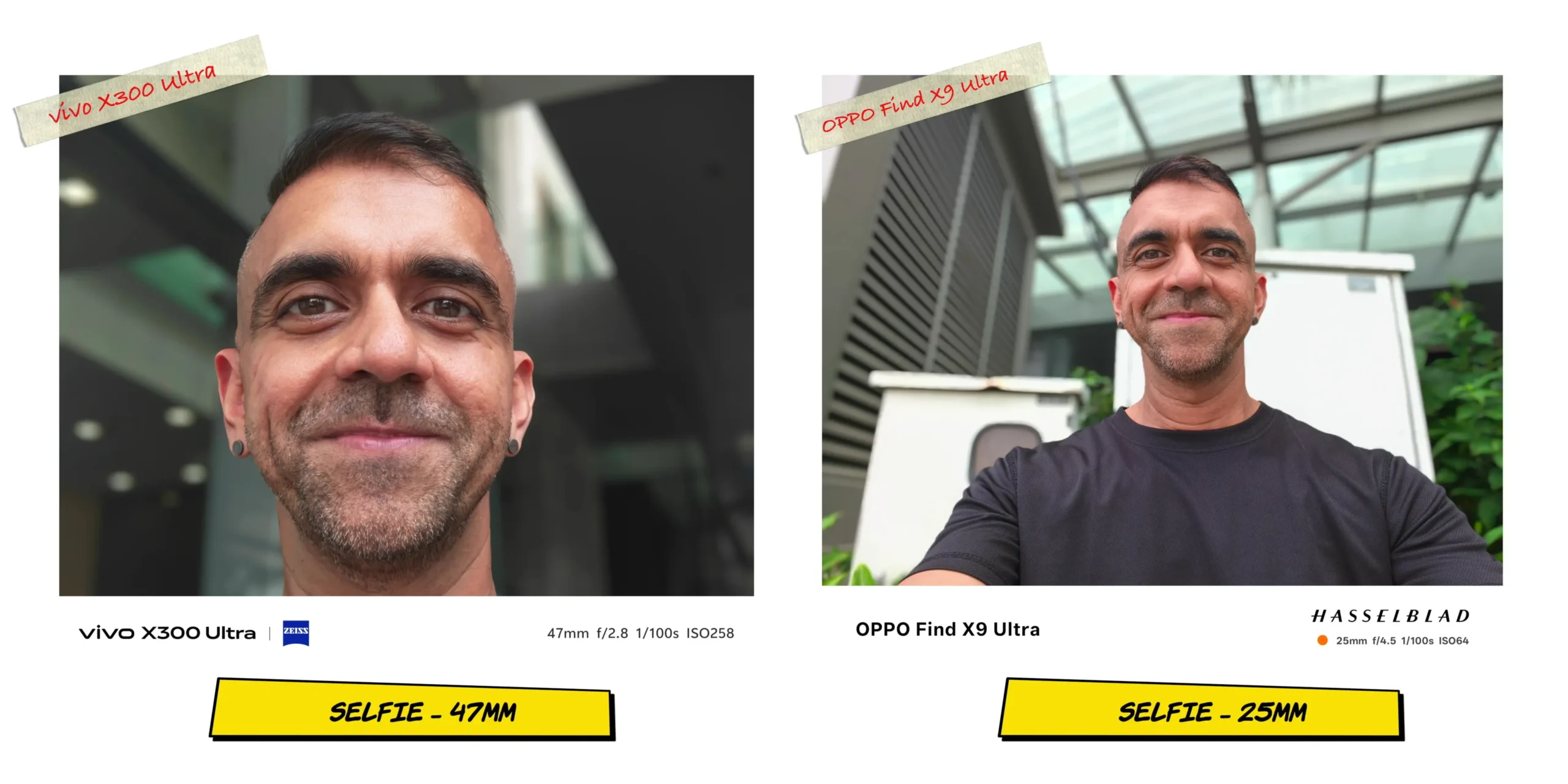 Front-facing camera selfie comparison sample 2 evaluating skin texture processing.
