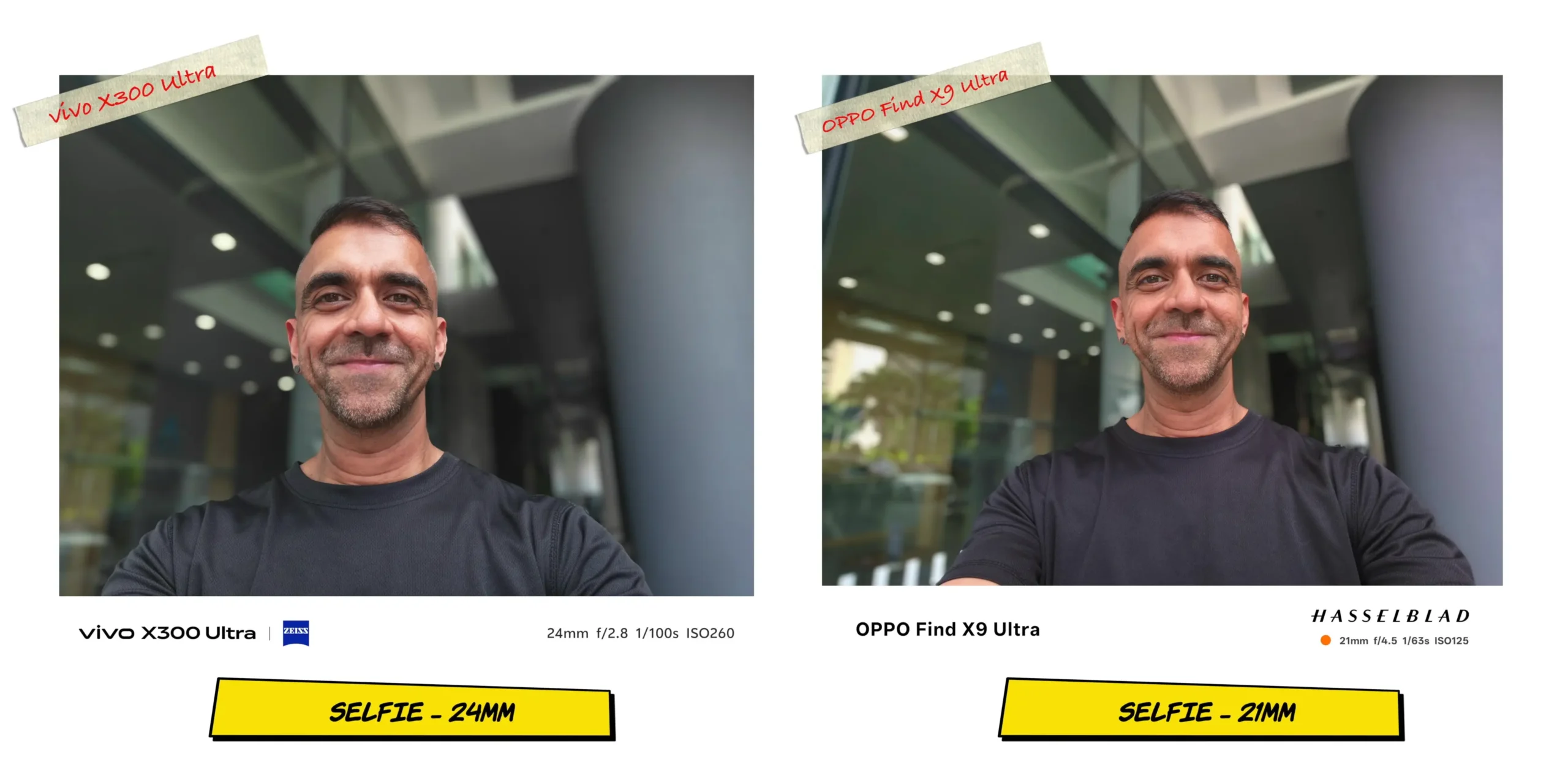 Front-facing camera selfie comparison sample 1 under uniform indoor or daytime lighting.