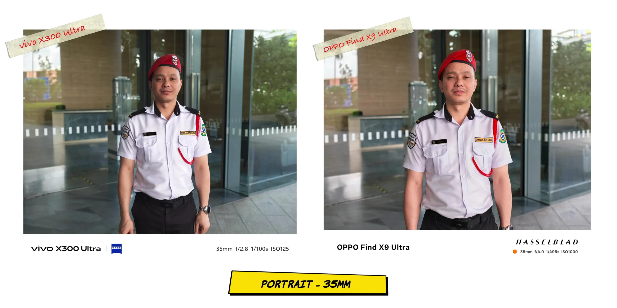 Outdoor portrait mode sample at 35mm comparing background blur separation and skin tones.