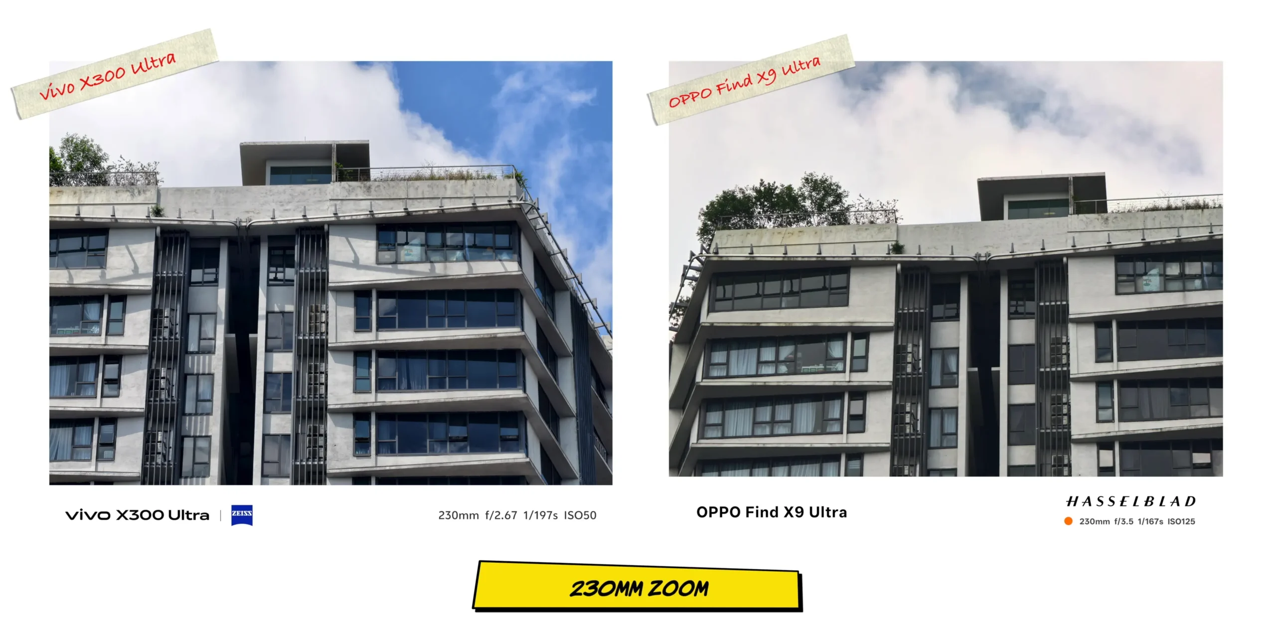Long-range zoom comparison at 230mm evaluating optical periscope lens performance.