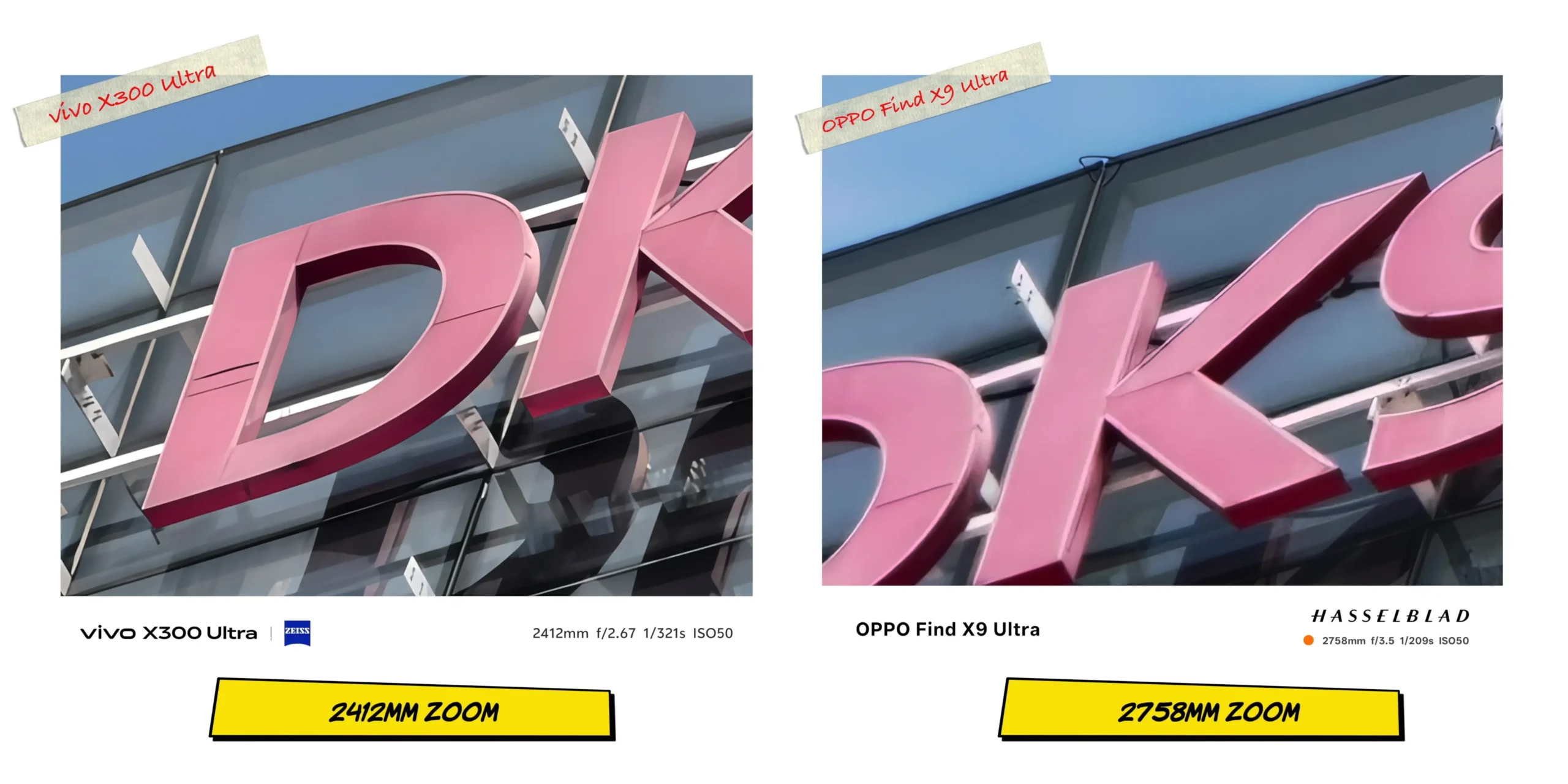 Side-by-side comparison of the maximum available digital zoom clarity on the Vivo X300 Ultra and Oppo Find X9 Ultra.