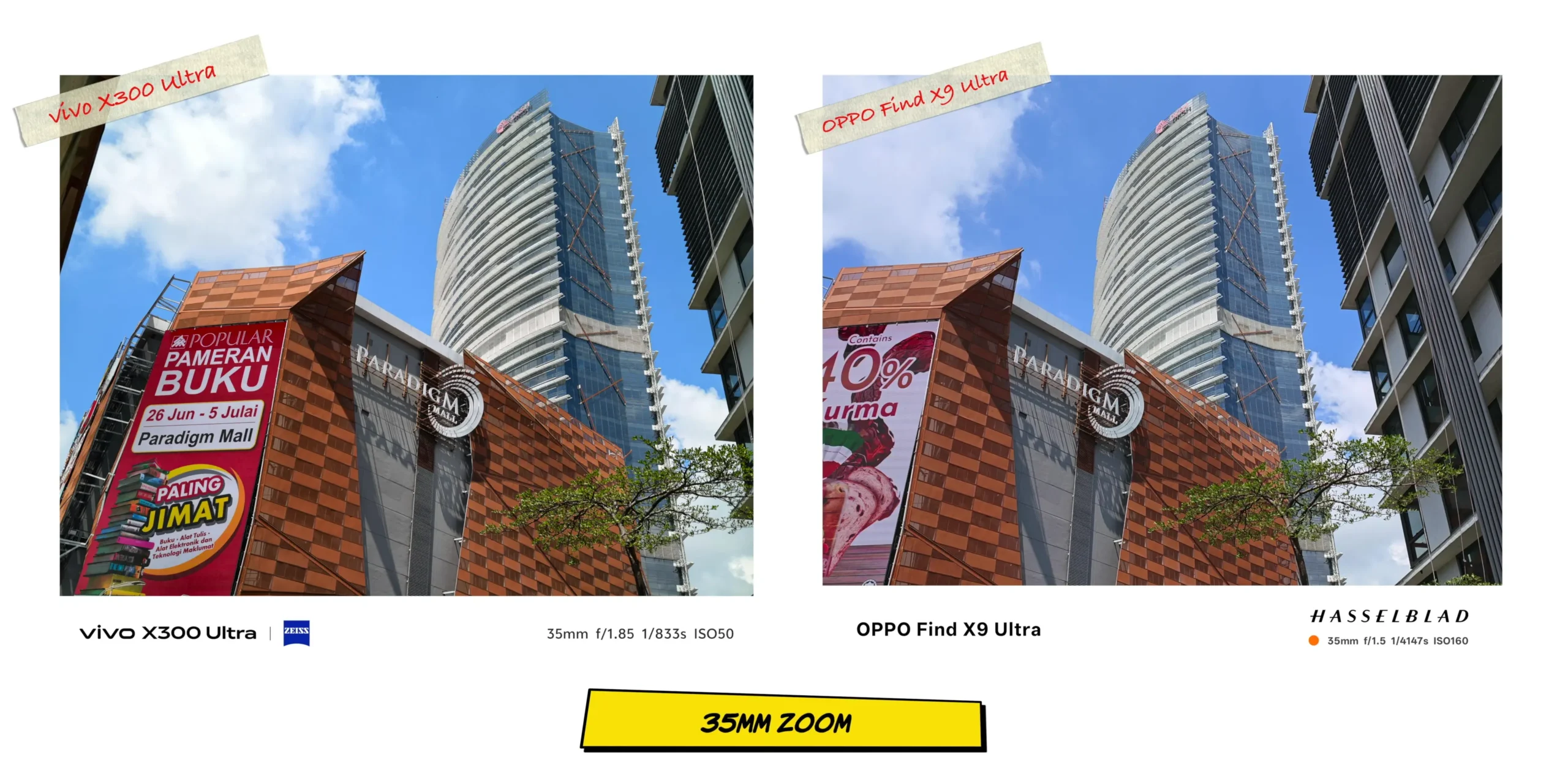 Camera comparison sample at a 35mm equivalent focal length showing center sharpness and text legibility.