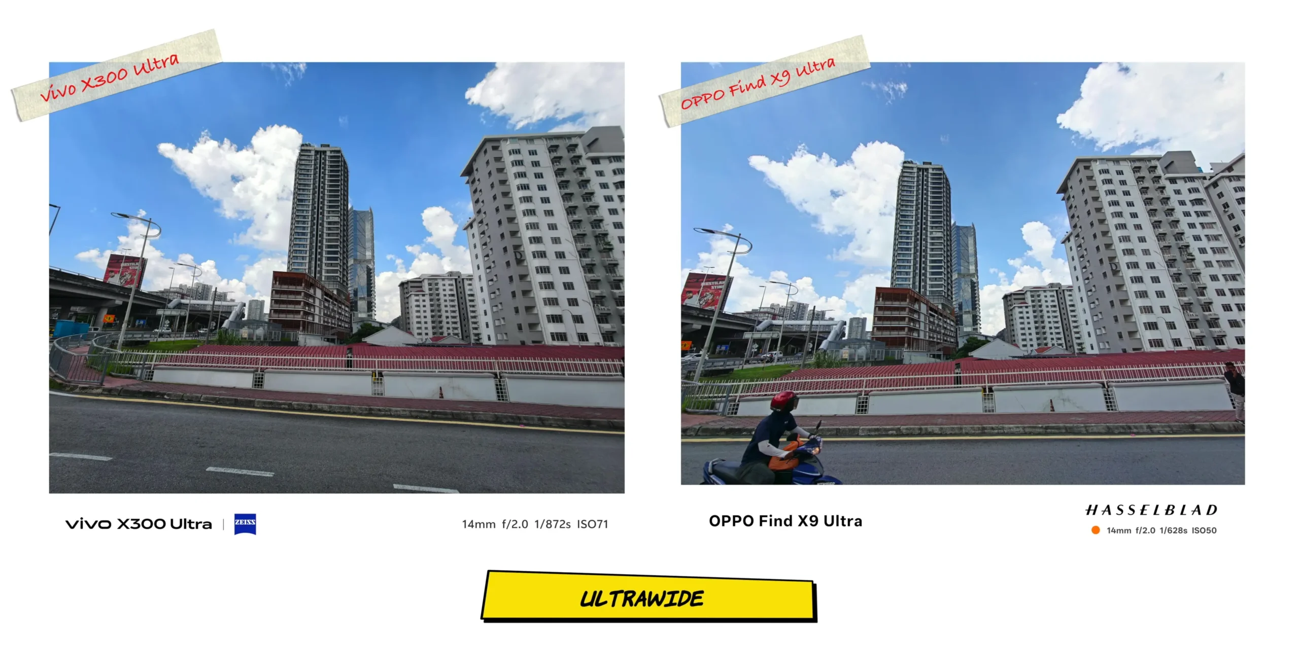 Daytime ultrawide camera sample showcasing the field of view and edge distortion control between both devices.