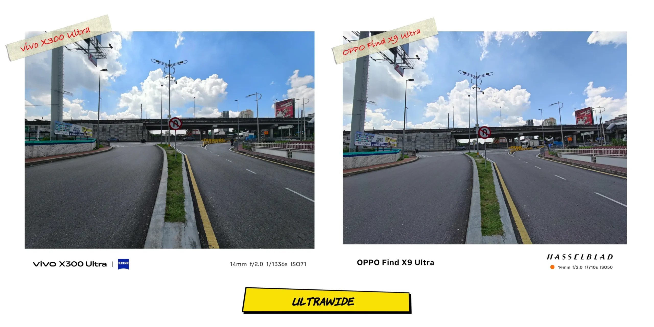 Daytime ultrawide camera sample showcasing the field of view and edge distortion control between both devices.