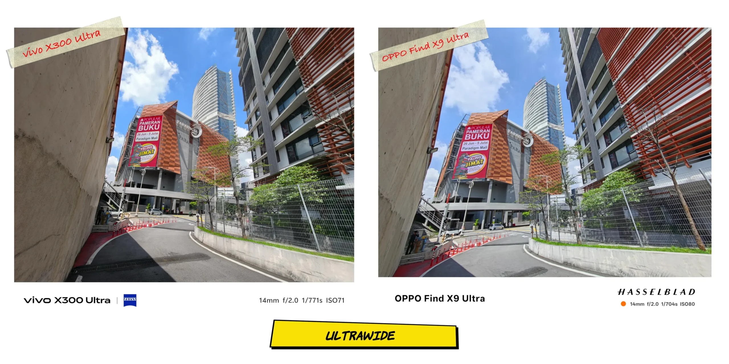 Daytime ultrawide camera sample showcasing the field of view and edge distortion control between both devices.